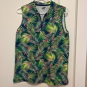 Lands End Green and Coral Tropical patterned 1/4 zip front Tank Small